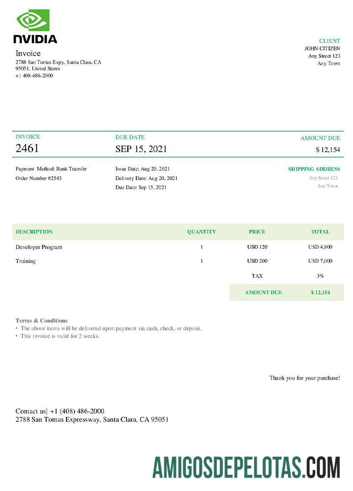 Fatura da Nvidia nos EUA modelo